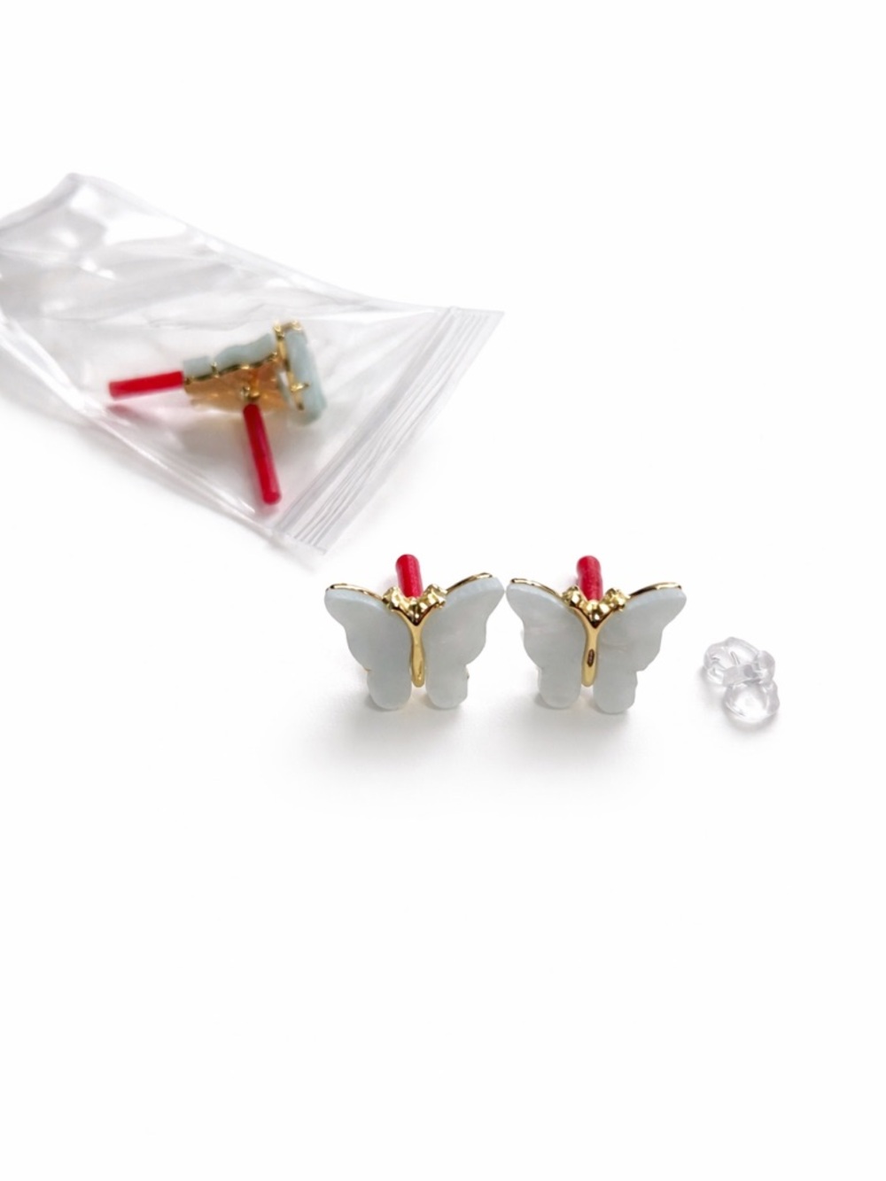 Mint Green Butterfly Stud Earrings - Gold Trim - Picture 2 of 2